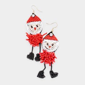 Seed Beaded Earrings Santa Claus Christmas Holiday3.6"L Dangle Felt Back RED